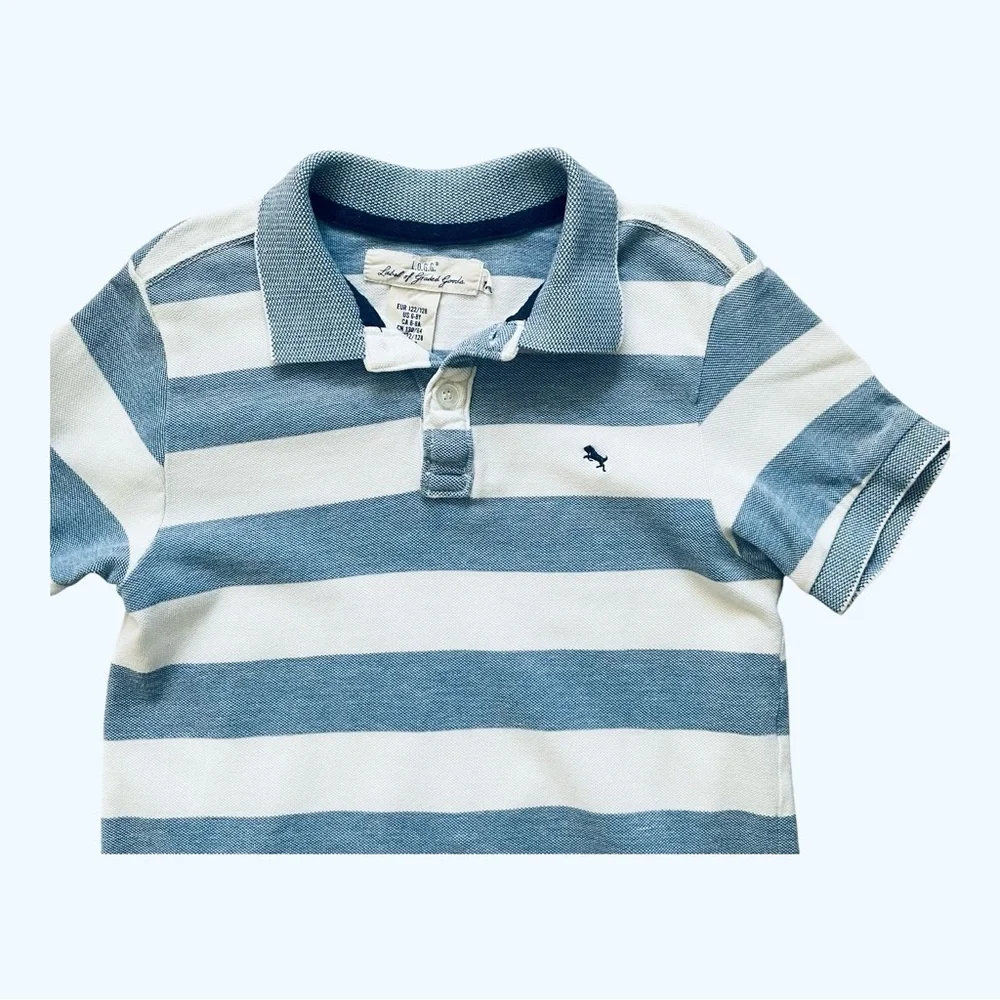 H & M L.O.G.G. polo shirt boy 6-8 years white/blue striped collar buttons cotton
